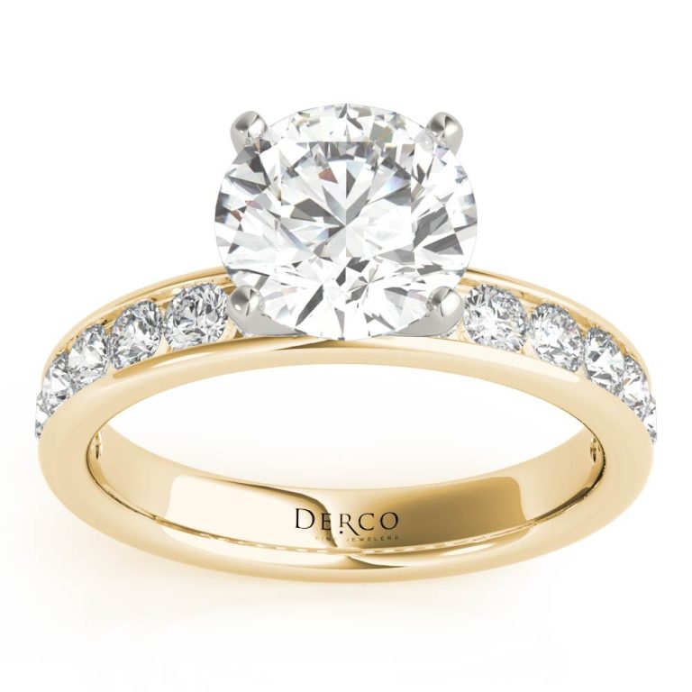 18k yellow gold channel set engagement ring with 18k yellow gold metal and round shape diamond