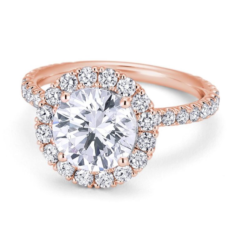 14k rose gold halo engagement ring with 14k rose gold metal and round shape diamond