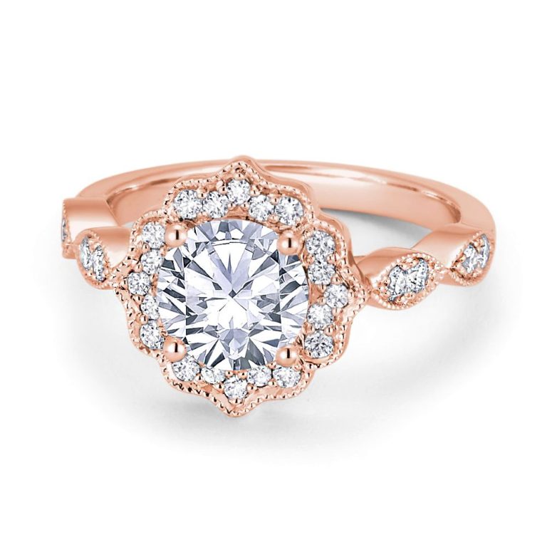 14k rose gold vintage inspired halo engagement ring with 14k rose gold metal and round shape diamond