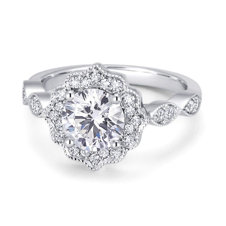 14k white gold milgrain halo engagement ring with 14k white gold metal and round shape diamond