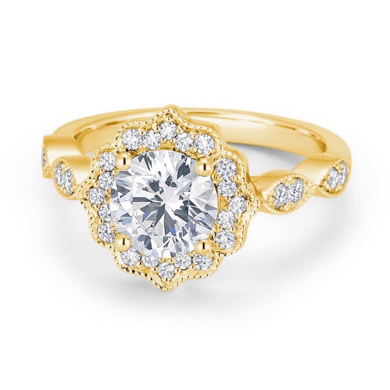 14k yellow gold milgrain halo engagement ring with 14k yellow gold metal and round shape diamond