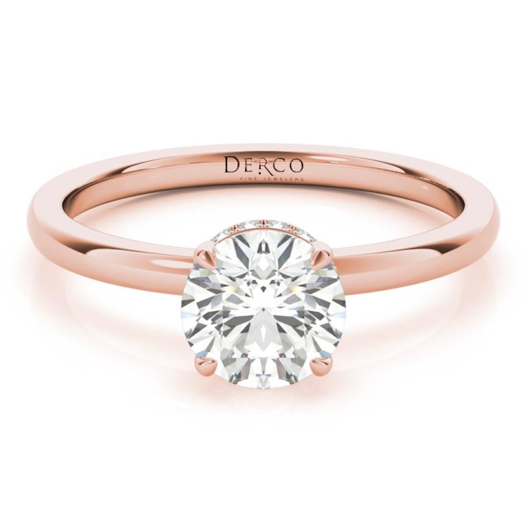 14k rose gold solitaire hidden halo engagement ring with 14k rose gold metal and round shape diamond