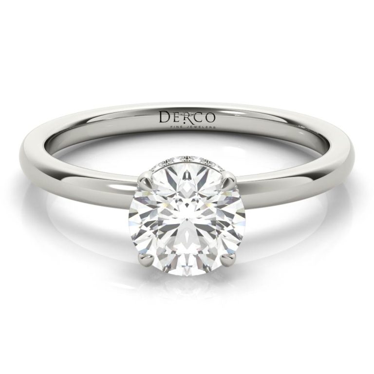 18k white gold solitaire hidden halo engagement ring with 18k white gold metal and round shape diamond
