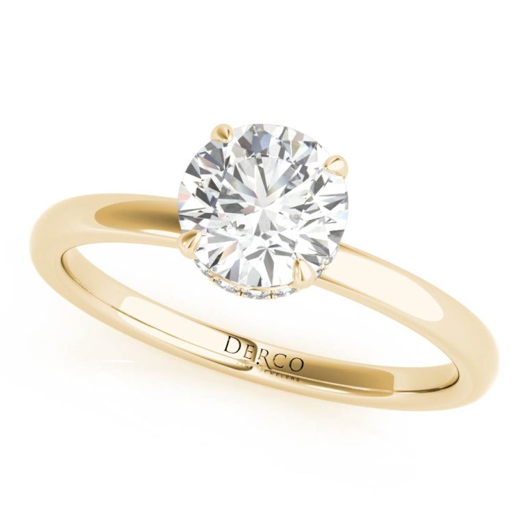 18k yellow solitaire hidden halo engagement ring with 18k yellow gold metal and round shape diamond