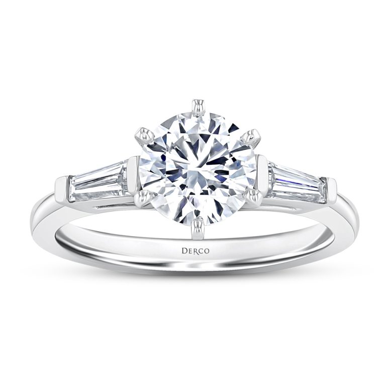 18k white gold tapered baguette diamond engagement ring with 18k white gold metal and round shape diamond