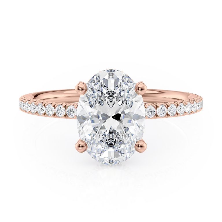 14k rose gold hidden halo engagement ring with 14k rose gold metal and oval shape diamond