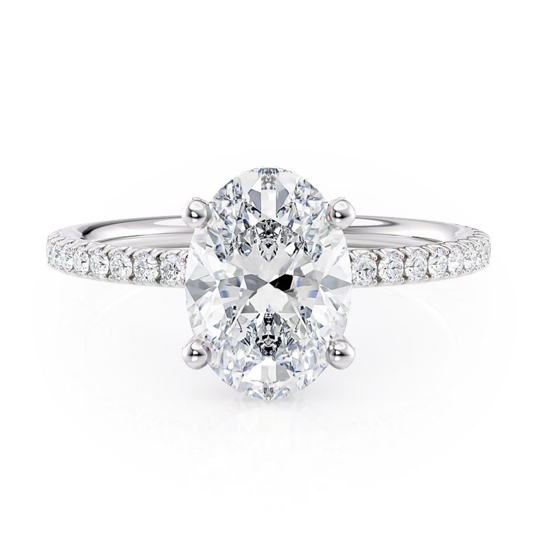 14k white gold hidden halo engagement ring with 14k white gold metal and oval shape diamond