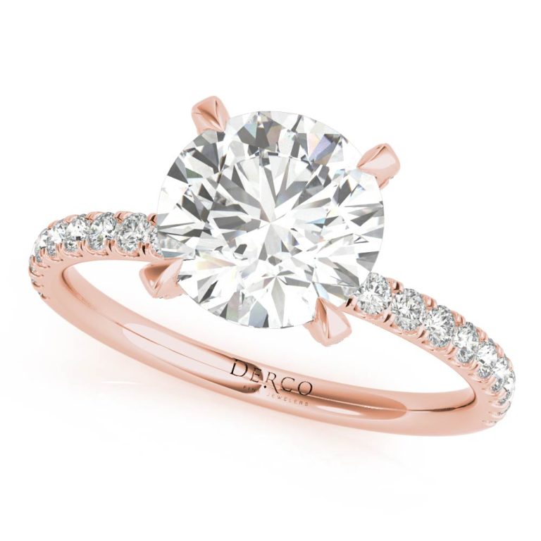 14k rose gold diamond prong engagement ring with round shape diamond