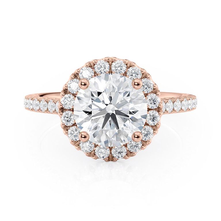 14k rose gold halo engagement ring with 14k rose gold metal and round shape diamond