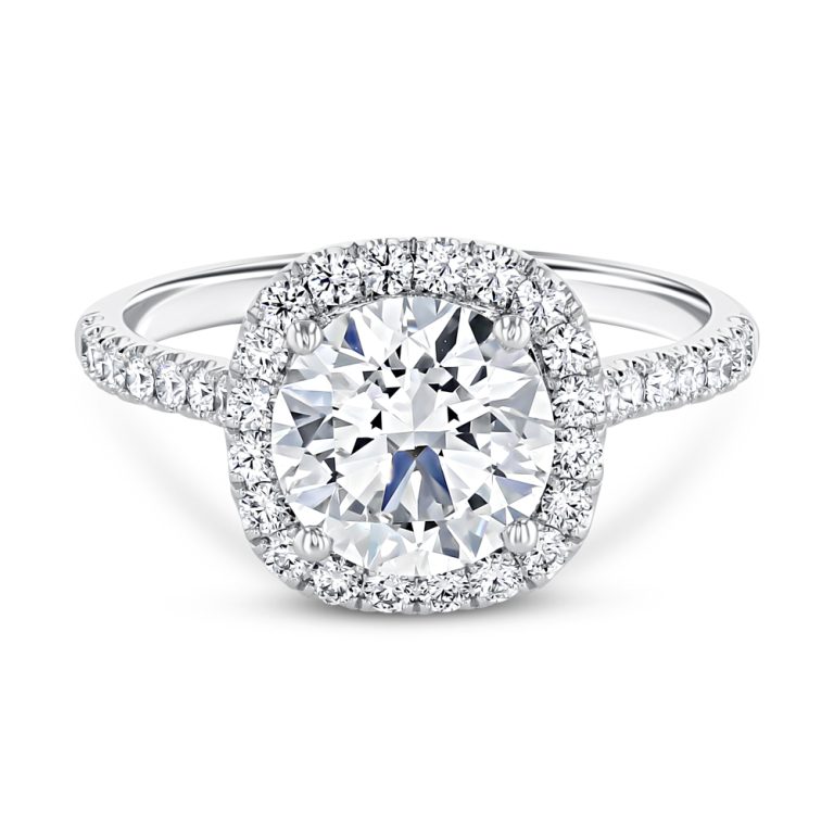 platinum petite cushion halo engagement ring with platinum metal and round shape diamond