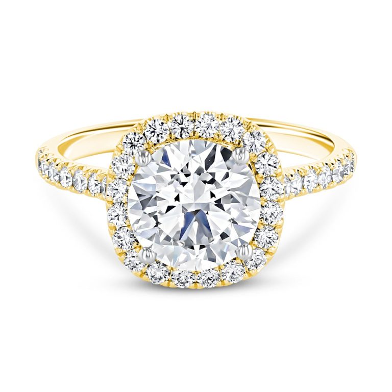 14k yellow gold petite cushion halo engagement ring with 14k yellow gold metal and round shape diamond