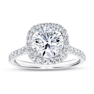 14K White Gold Petite Cushion Halo Engagement Ring with 0.52 Carat Round Diamond 14K White Gold Petite Cushion Halo Engagement Ring with 0.52 Carat Round Diamond