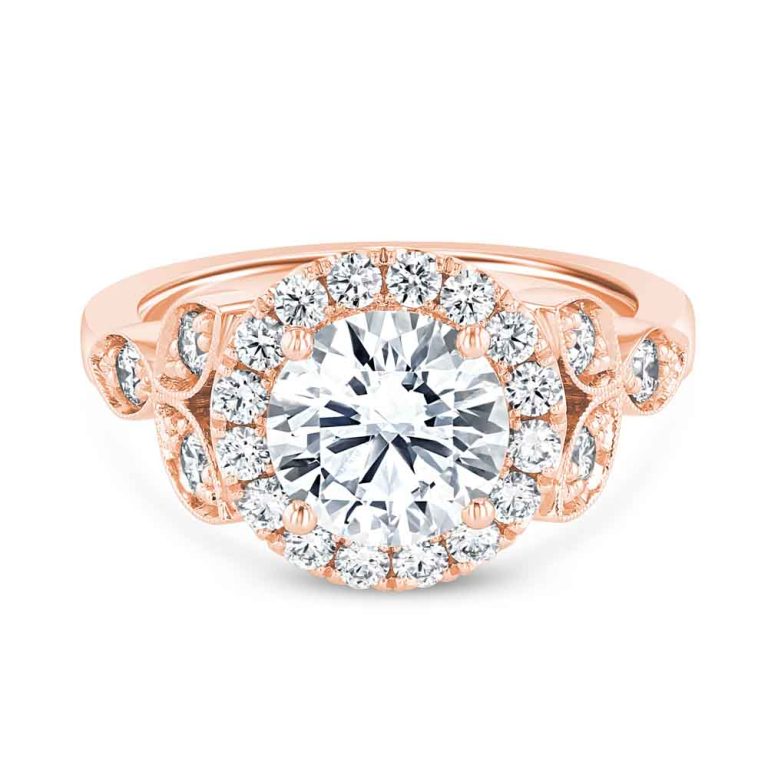 14k rose gold vintage inspired halo engagement ring with 14k rose gold metal and round shape diamond
