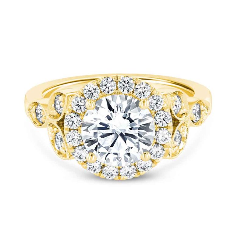 14k yellow gold vintage inspired halo engagement ring with 14k yellow gold metal and round shape diamond