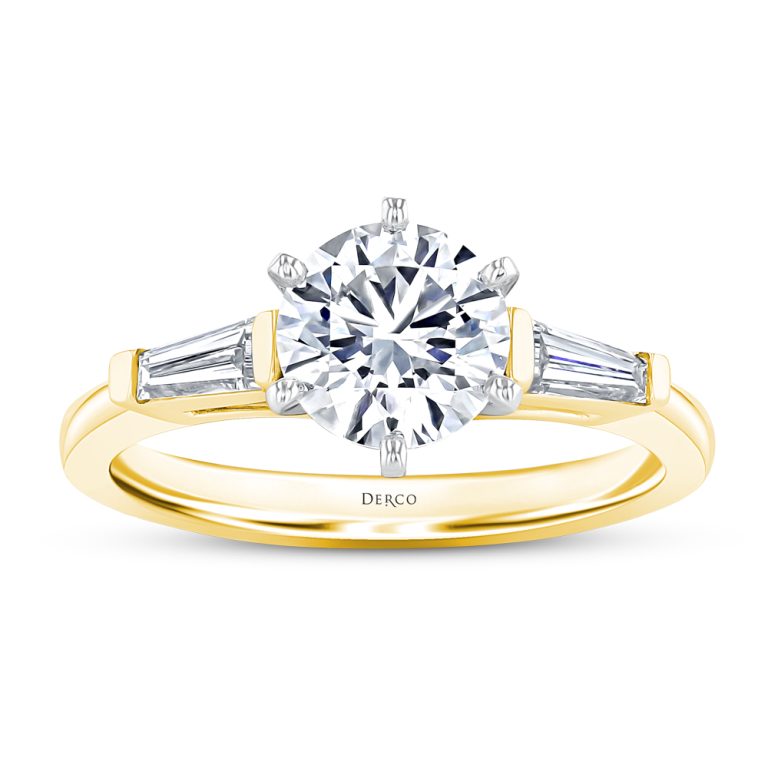 18k yellow gold tapered baguette diamond engagement ring with 18k yellow gold metal and round shape diamond
