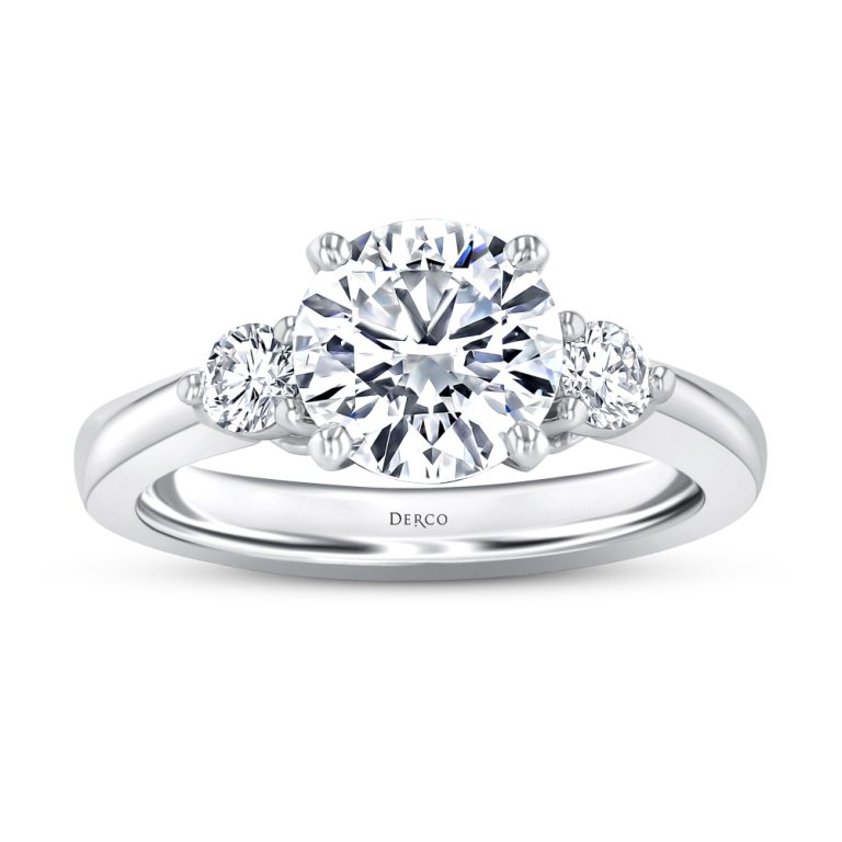 18k white gold three stone diamond engagement ring with 18k white gold metal and round shape diamond
