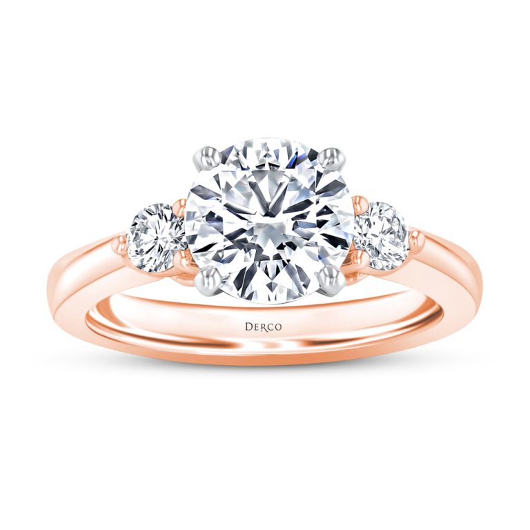 14k rose gold three stone diamond engagement ring with 14k rose gold metal and round shape diamond