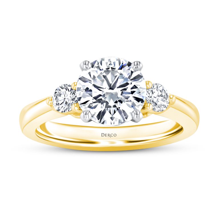 18k yellow gold three stone diamond engagement ring with 18k yellow gold metal and round shape diamond