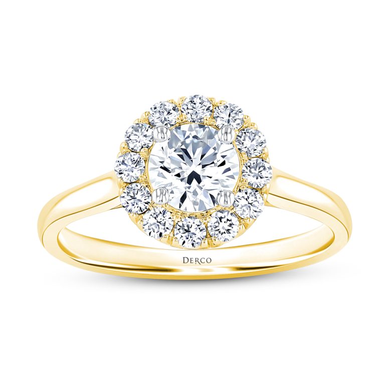18k yellow gold plain shank floating halo engagement ring with 18k yellow gold metal and round shape diamond