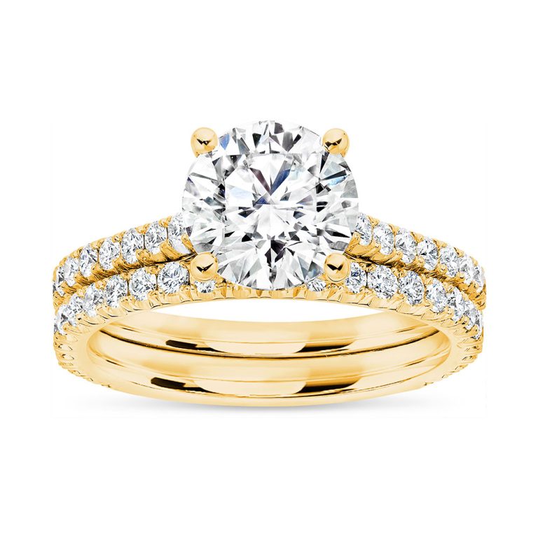 18k yellow gold u prong cathedral wedding set with 18k yellow gold metal and round shape diamond
