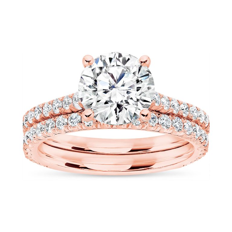 14k rose gold u prong cathedral wedding set with 14k rose gold metal and round shape diamond