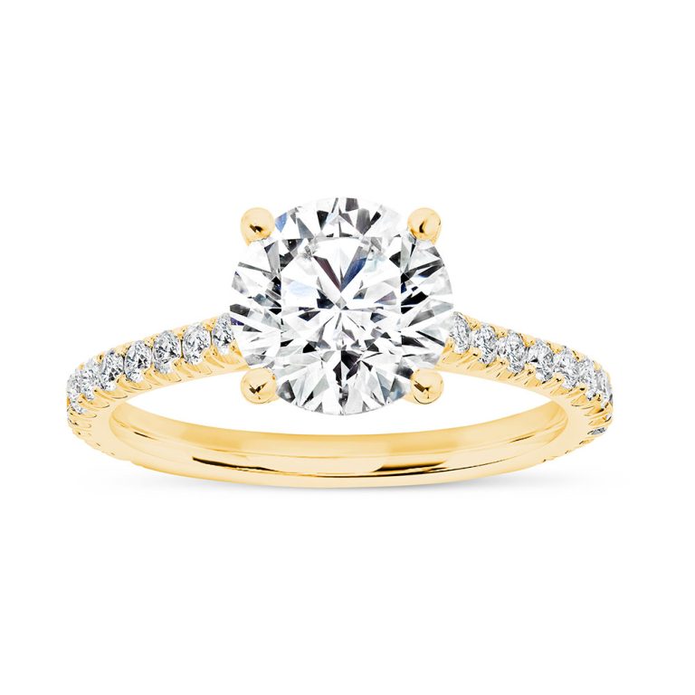 18k yellow gold u prong cathedral engagement ring with 18k yellow gold metal and round shape diamond