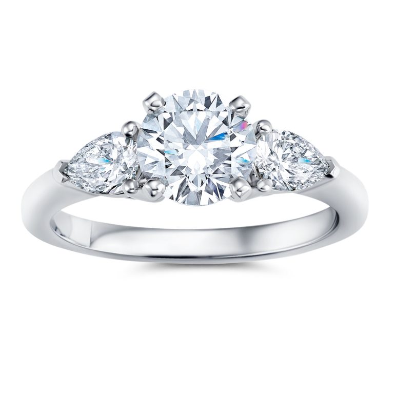 platinum three stone pear diamond engagement ring with platinum metal and round shape diamond
