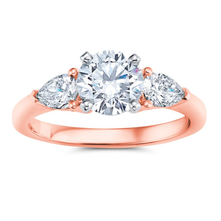 14k rose gold three stone pear diamond engagement ring with 14k rose gold metal and round shape diamond