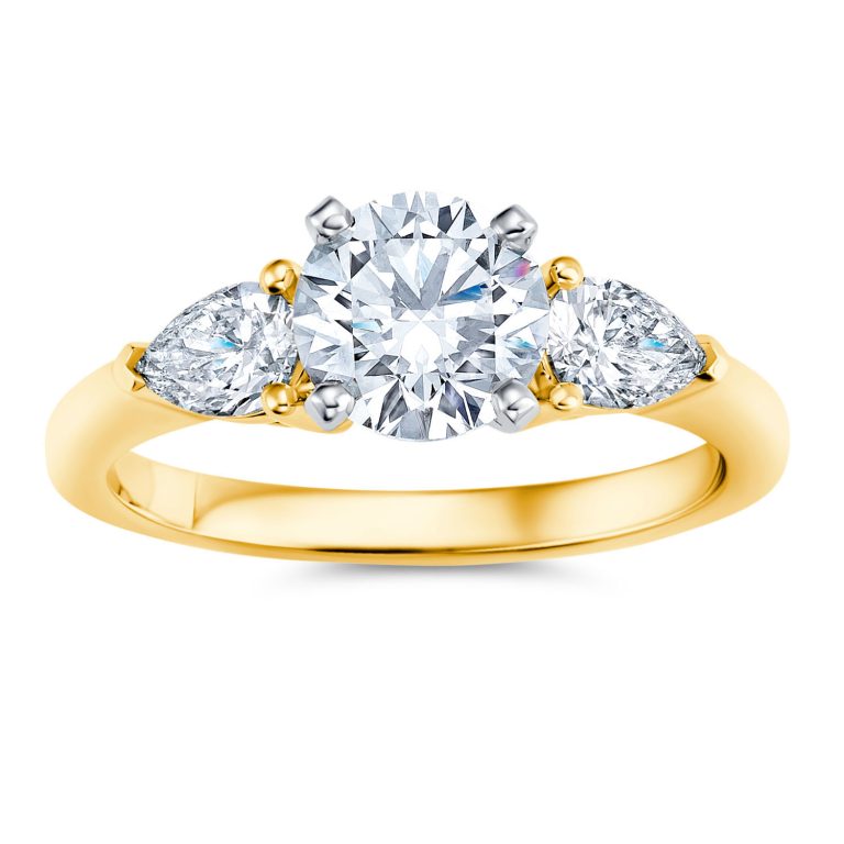 14k yellow gold three stone pear diamond engagement ring with 14k yellow gold metal and round shape diamond