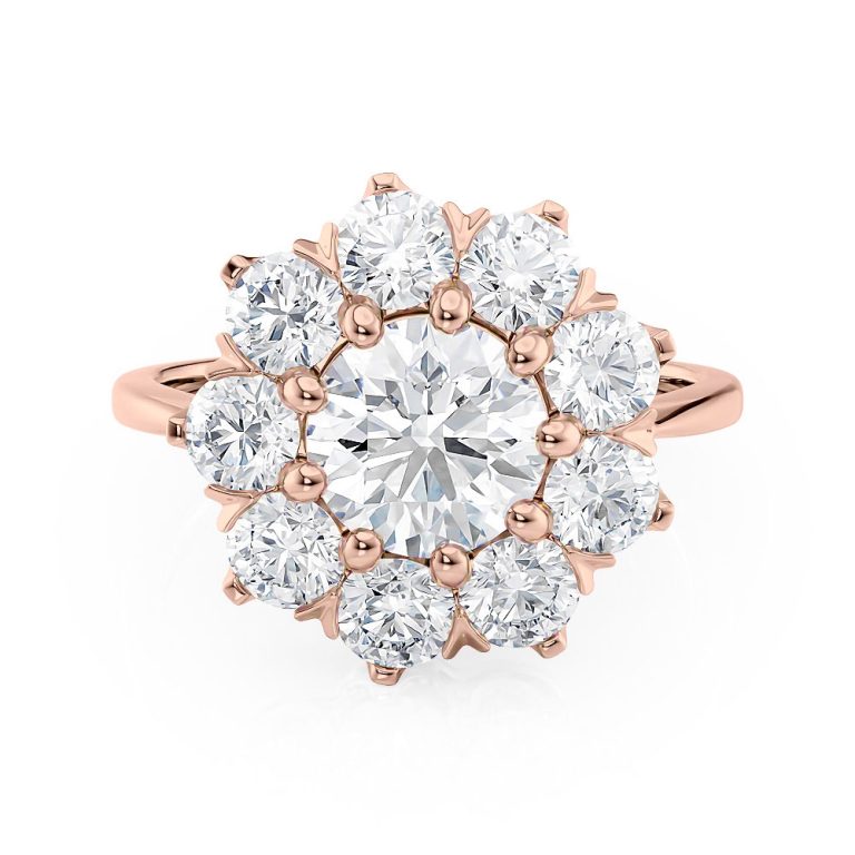 14k rose gold starburst floral diamond halo engagement ring with 14k rose gold metal and round shape diamond