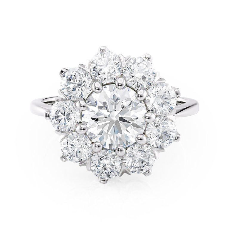 platinum starburst floral diamond halo engagement ring with platinum metal and round shape diamond