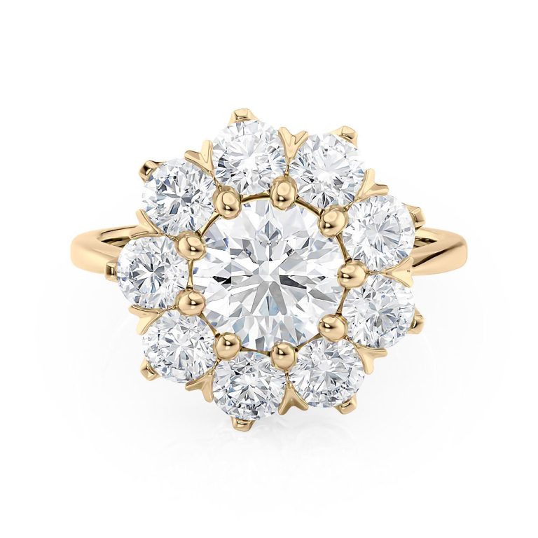 14k yellow gold starburst floral diamond halo engagement ring with 14k yellow gold metal and round shape diamond