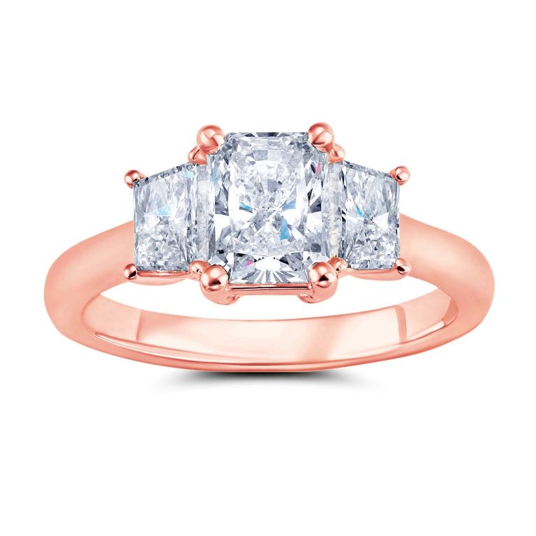 14k rose gold three stone trapezoid diamond engagement ring with 14k rose gold metal and radiant shape diamond