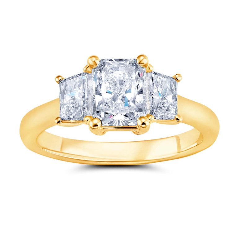 18k yellow gold three stone trapezoid diamond engagement ring with 18k yellow gold metal and radiant shape diamond