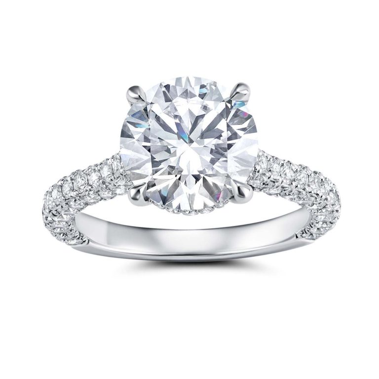 platinum micro pave cathedral engagement ring with platinum metal and round shape diamond