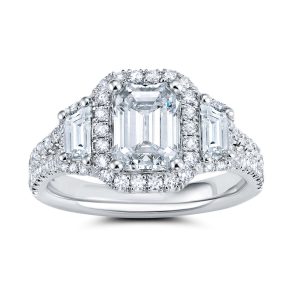 14K White Gold Emerald Halo Trapezoid Diamond Engagement Ring