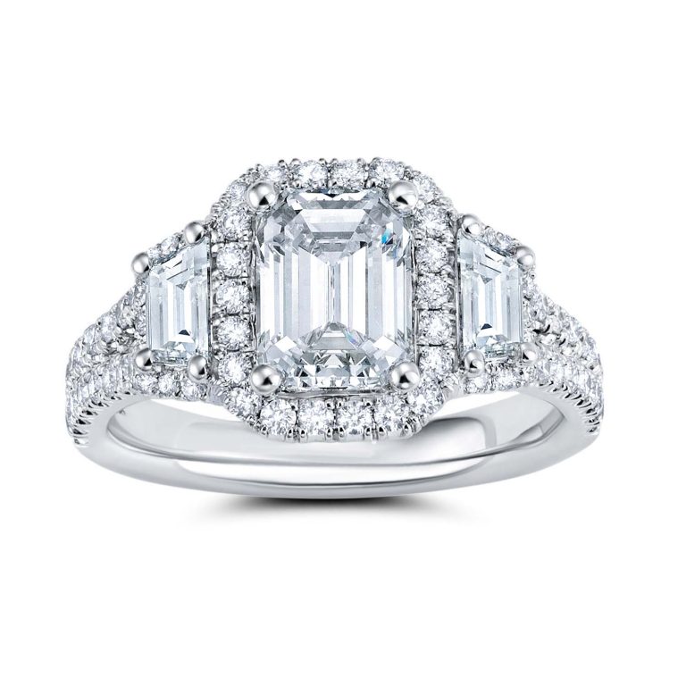 14k white gold emerald halo trapezoid diamond engagement ring with 14k white gold metal and emerald shape diamond