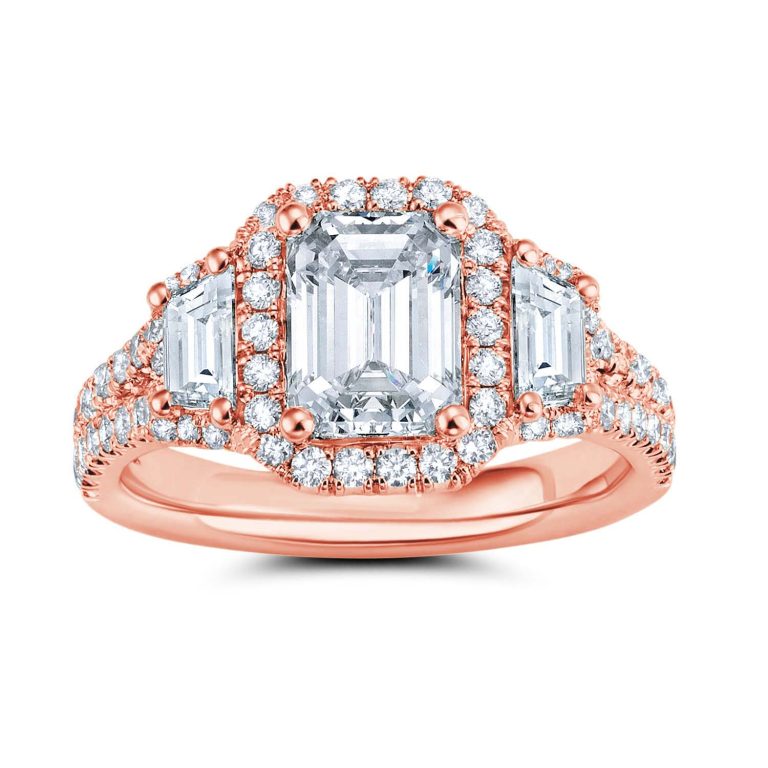 14k rose gold emerald halo trapezoid diamond engagement ring with 14k rose gold metal and emerald shape diamond