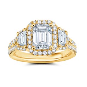 18K Yellow Gold Emerald Halo Trapezoid Diamond Engagement Ring