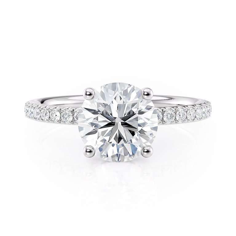 14k white gold hidden halo engagement ring with 14k white gold metal and round shape diamond