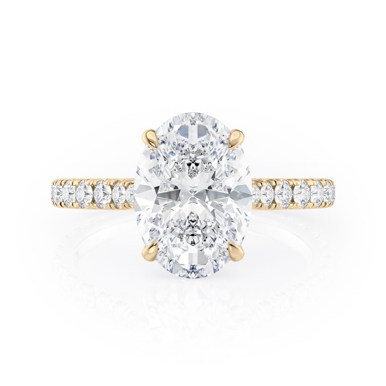 18k yellow gold u prong tapered cathedral engagement ring with 18k yellow gold metal and oval shape diamond