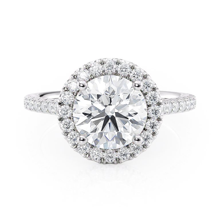 18k white gold petite halo engagement ring with 18k white gold metal and round shape diamond