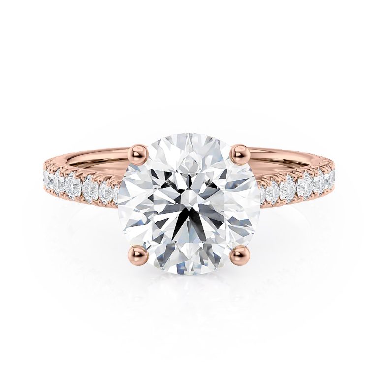 14k rose gold hidden halo cathedral engagement ring with 14k rose gold metal and round shape diamond