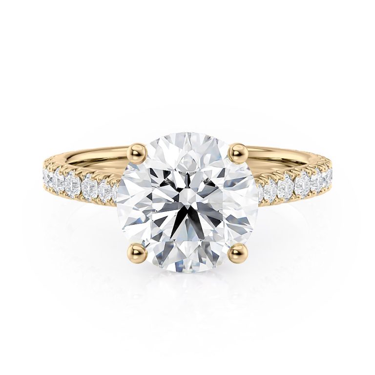 18k yellow gold hidden halo cathedral engagement ring with 18k yellow gold metal and round shape diamond