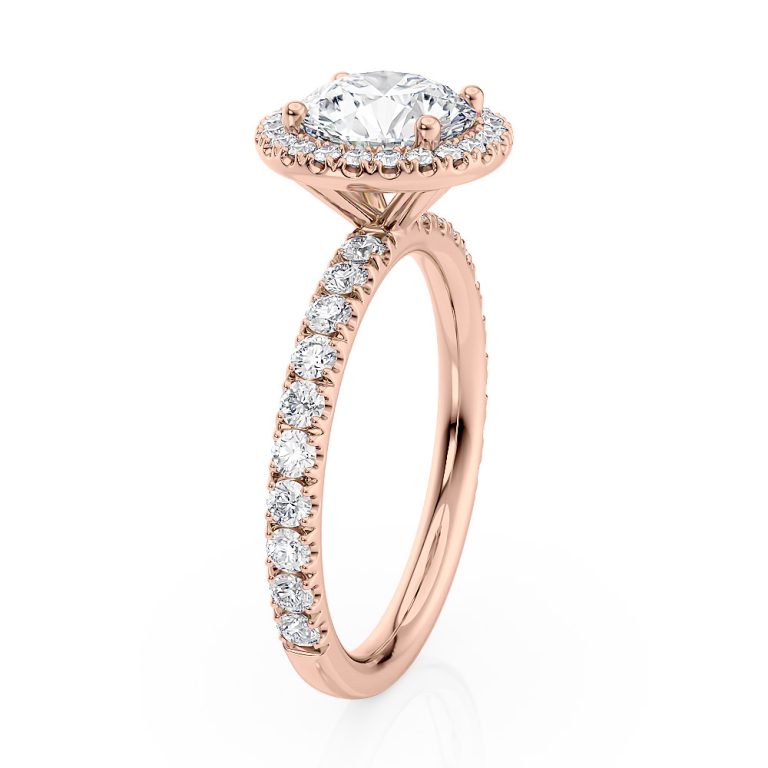 14k rose gold floating halo engagement ring with round shape diamond