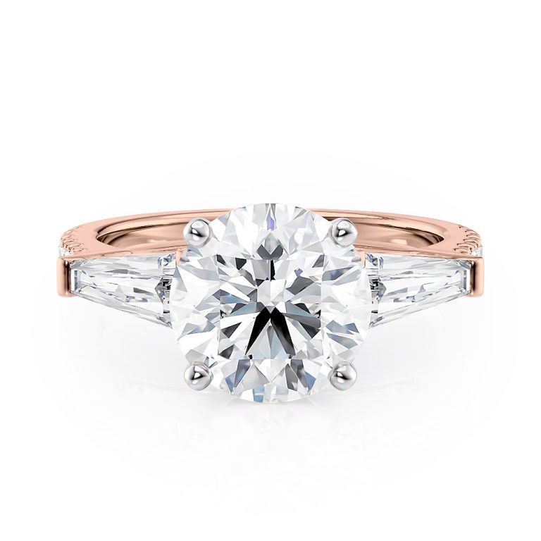 14k rose gold baguette and pave engagement ring with 14k rose gold metal and round shape diamond