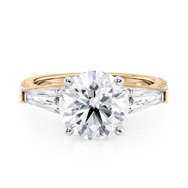 14k yellow gold baguette and pave engagement ring with 14k yellow gold metal and round shape diamond