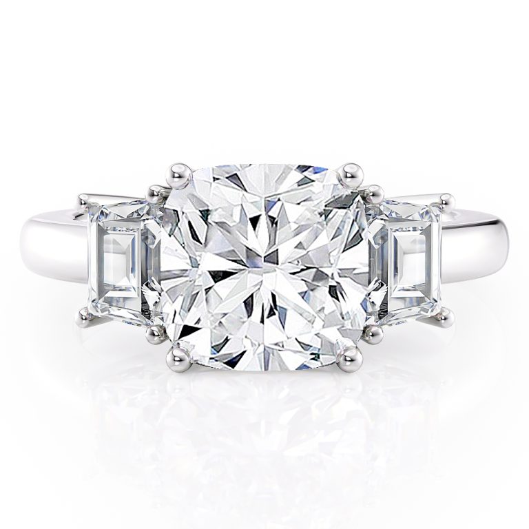 14k white gold three stone step cut trapezoid diamond ring with 14k white gold metal and cushion shape diamond