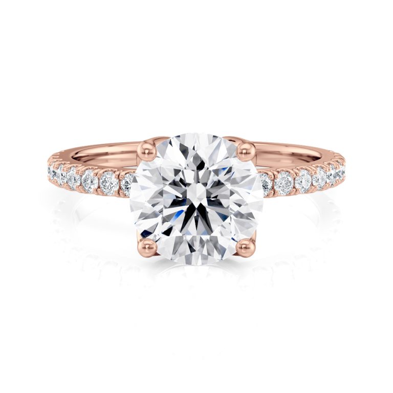 14k rose gold petite tulip pave engagement ring with 14k rose gold metal and round shape diamond