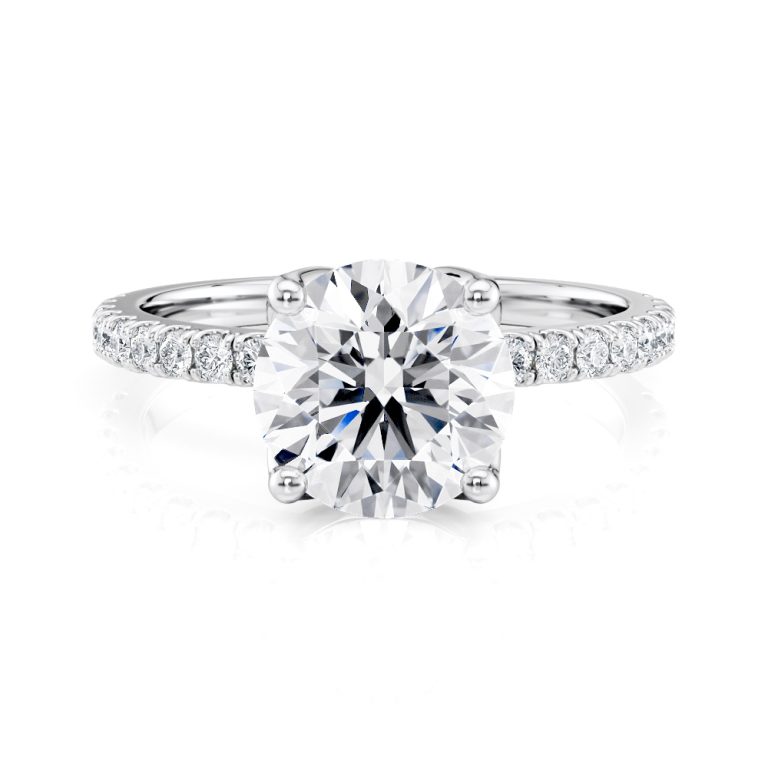 14k white gold petite tulip pave engagement ring with 14k white gold metal and round shape diamond